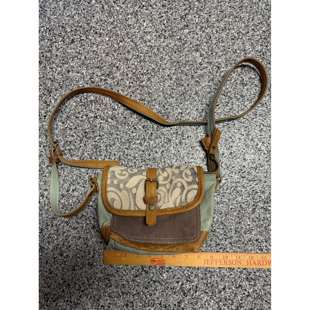 Myra Bag Canvas Leather Crossbody Purse Brown Sage Green Scroll Pattern Boho